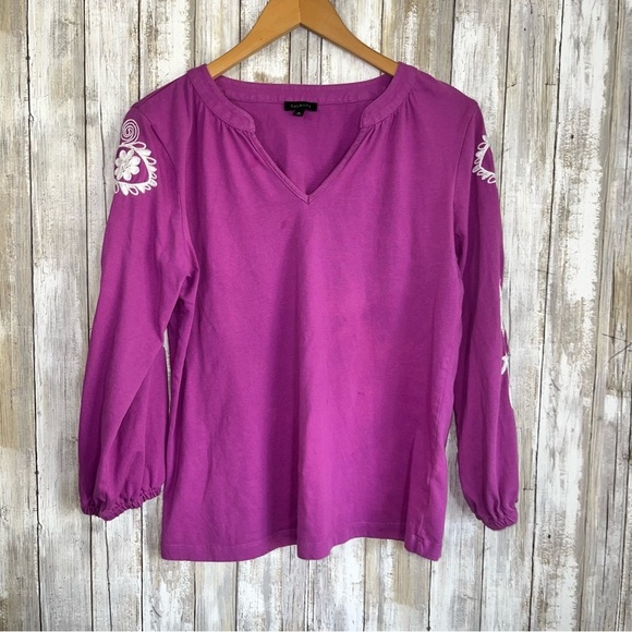 Talbots Purple Embroidered Floral Split Neck Tee - Picture 2 of 5
